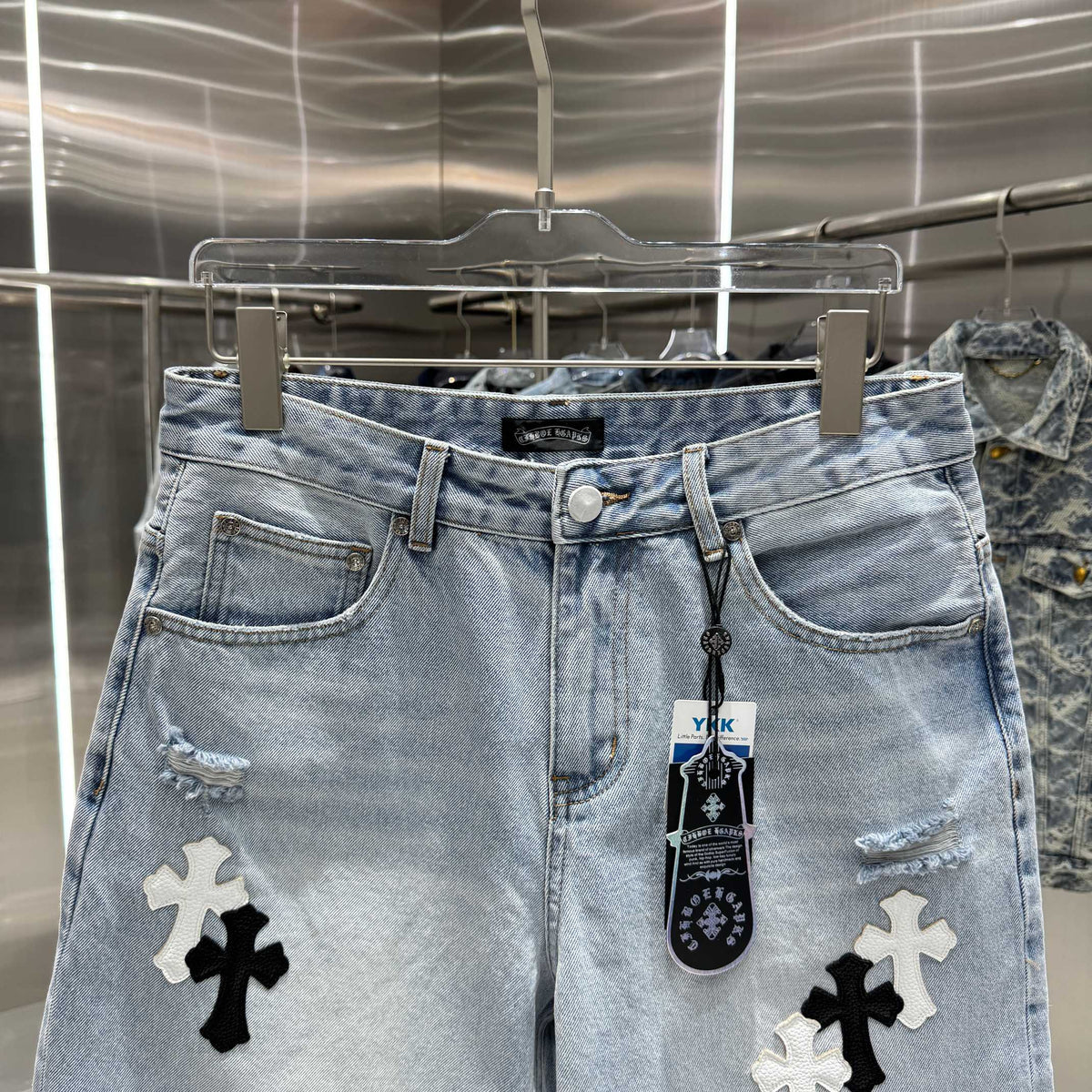 Spring and summer new cross denim shorts made of split leather