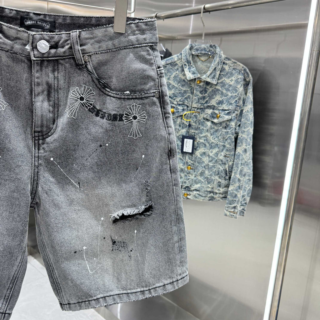 Spring and summer new cross denim shorts made of split leather