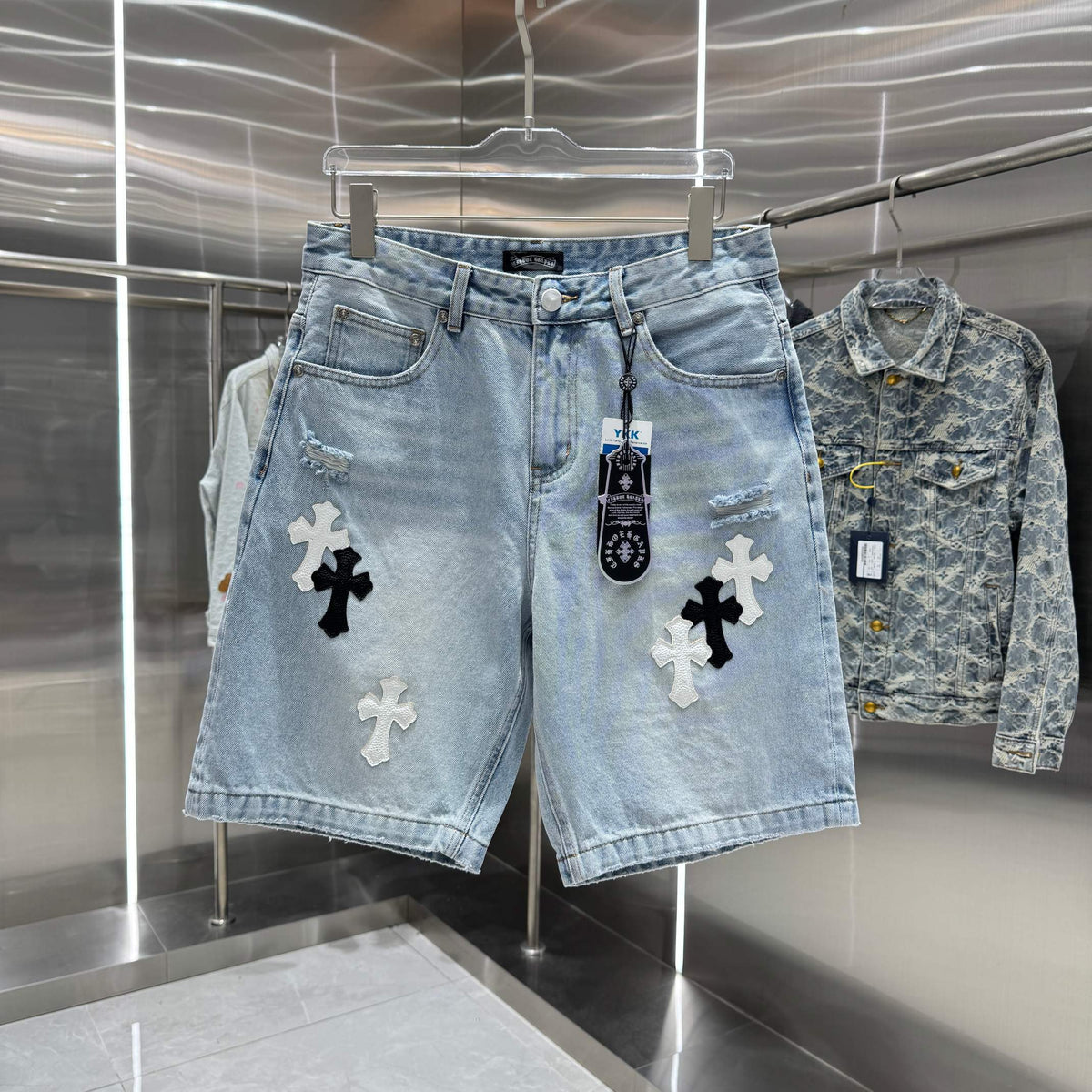 Spring and summer new cross denim shorts made of split leather
