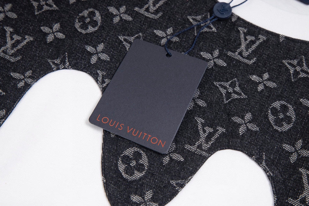 Heavy craftsmanship single item splicing denim wave patch embroidery spring and summer new style short sleeved T-shirt