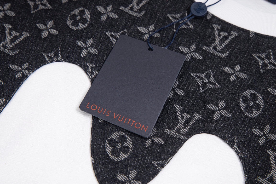 Heavy craftsmanship single item splicing denim wave patch embroidery spring and summer new style short sleeved T-shirt