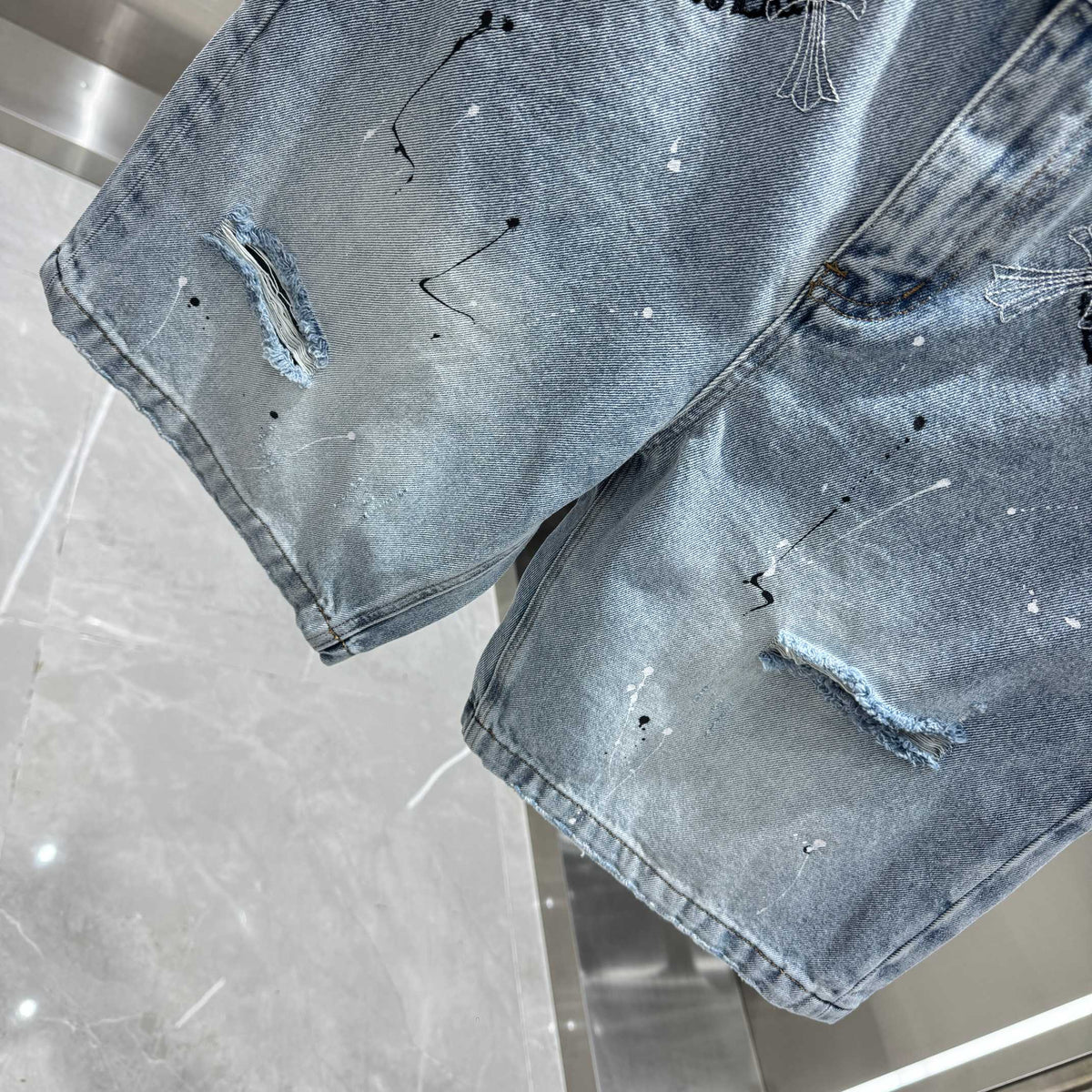 Spring and summer new cross denim shorts made of split leather