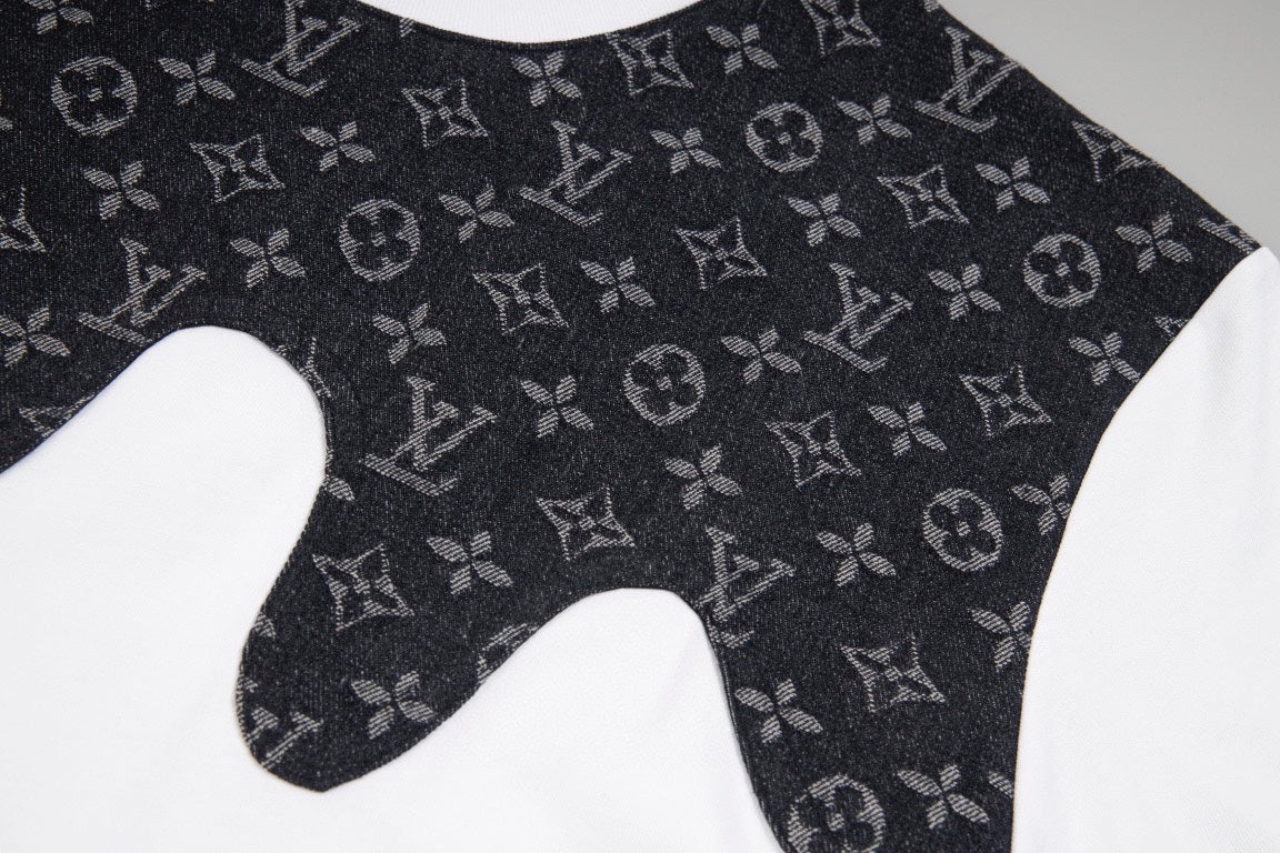 Heavy craftsmanship single item splicing denim wave patch embroidery spring and summer new style short sleeved T-shirt
