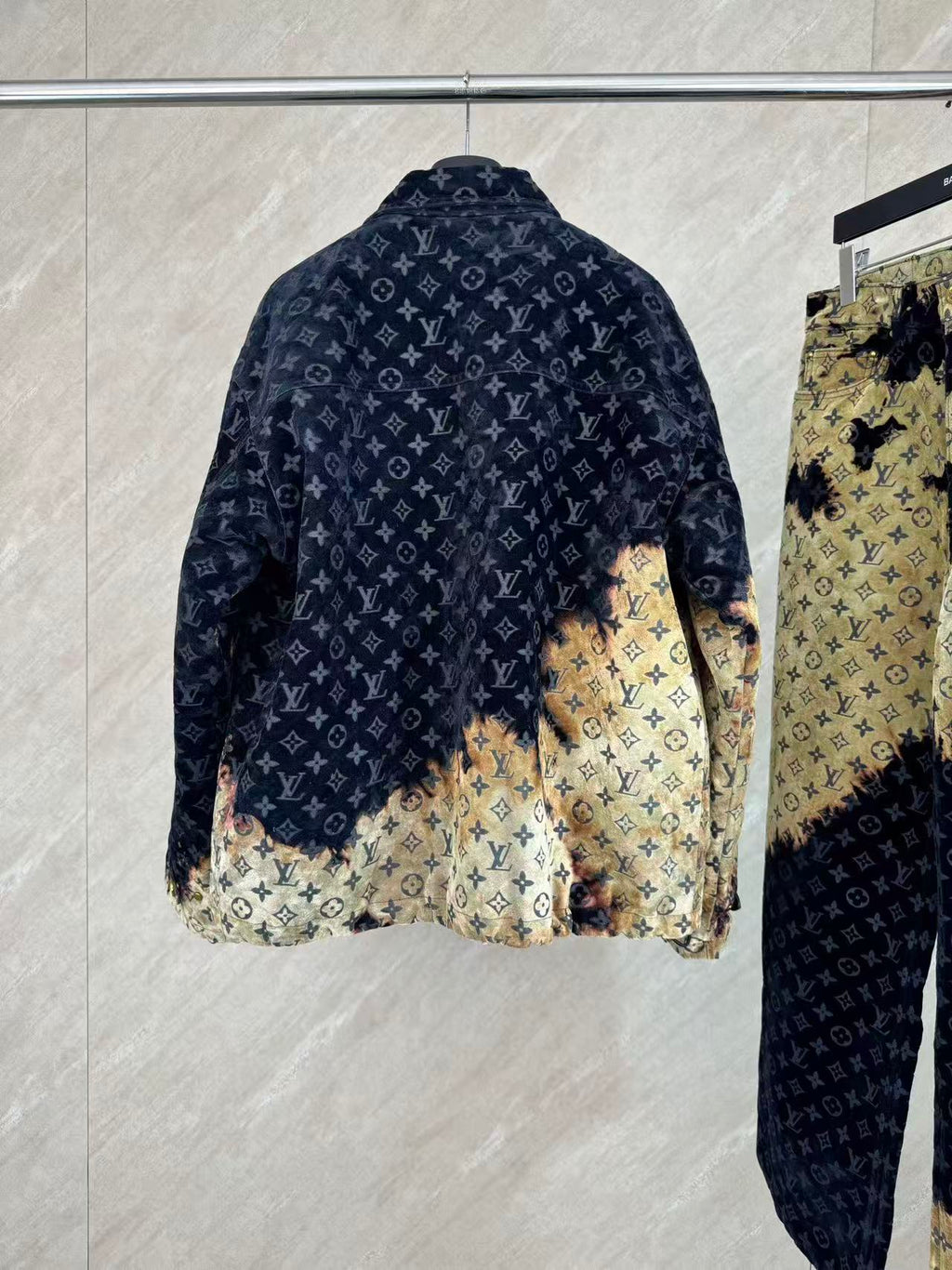 Burnt Fade Pattern Denim Matching Set | Long Sleeve Trucker Jacket + Wide Leg Pants