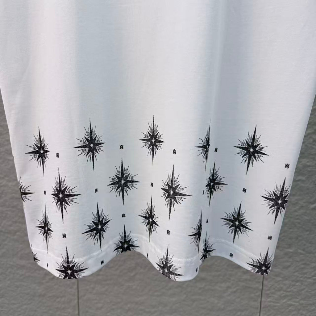Hexagonal star print+embroidered round neck short sleeved T-shirt