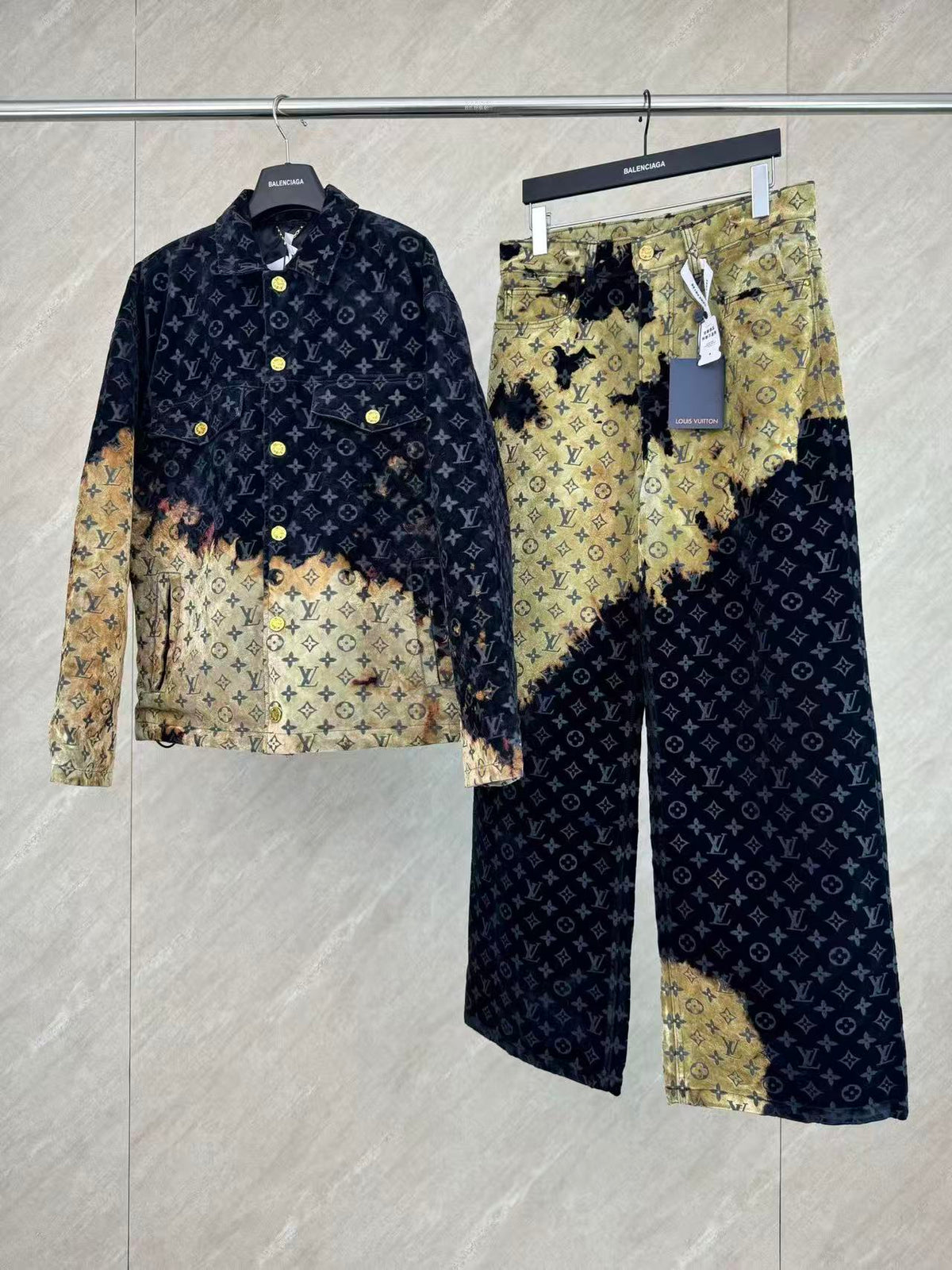 Burnt Fade Pattern Denim Matching Set | Long Sleeve Trucker Jacket + Wide Leg Pants