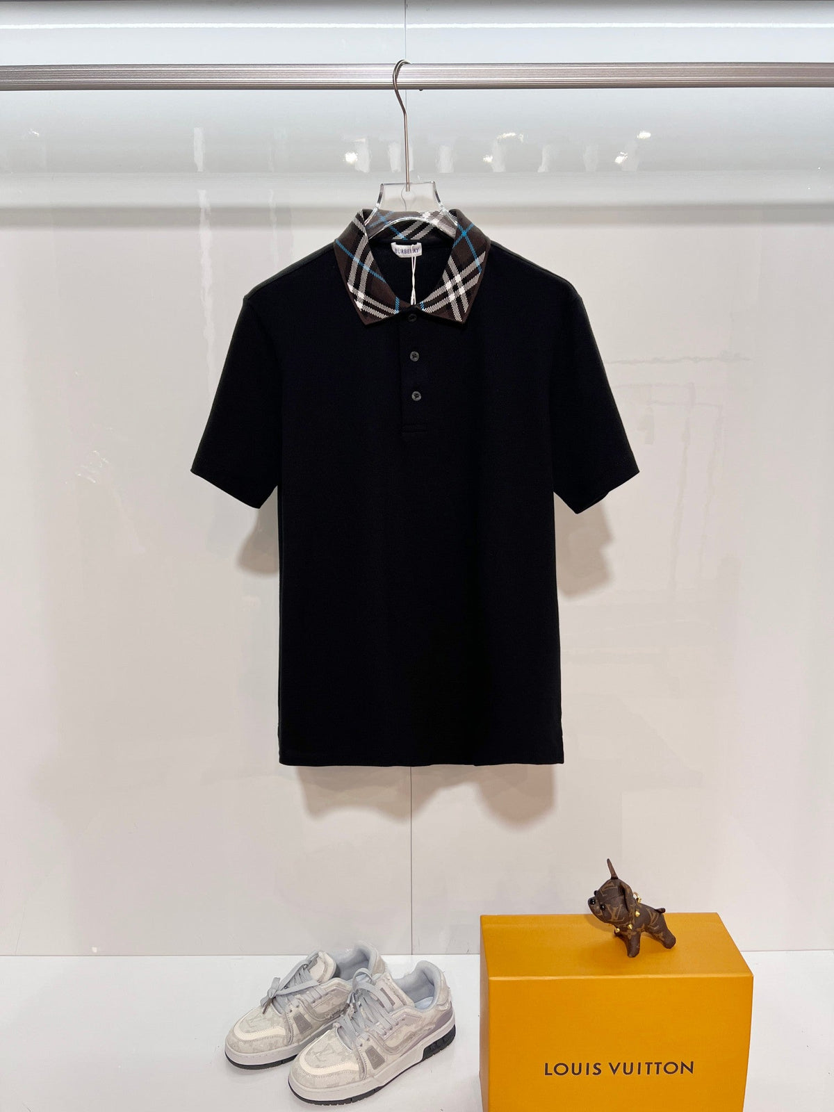 Color blocked flat collar classic plaid collar letter polo shirt