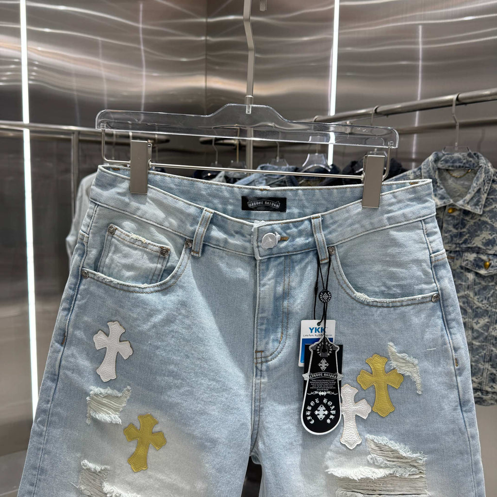 Spring and summer new cross denim shorts made of split leather