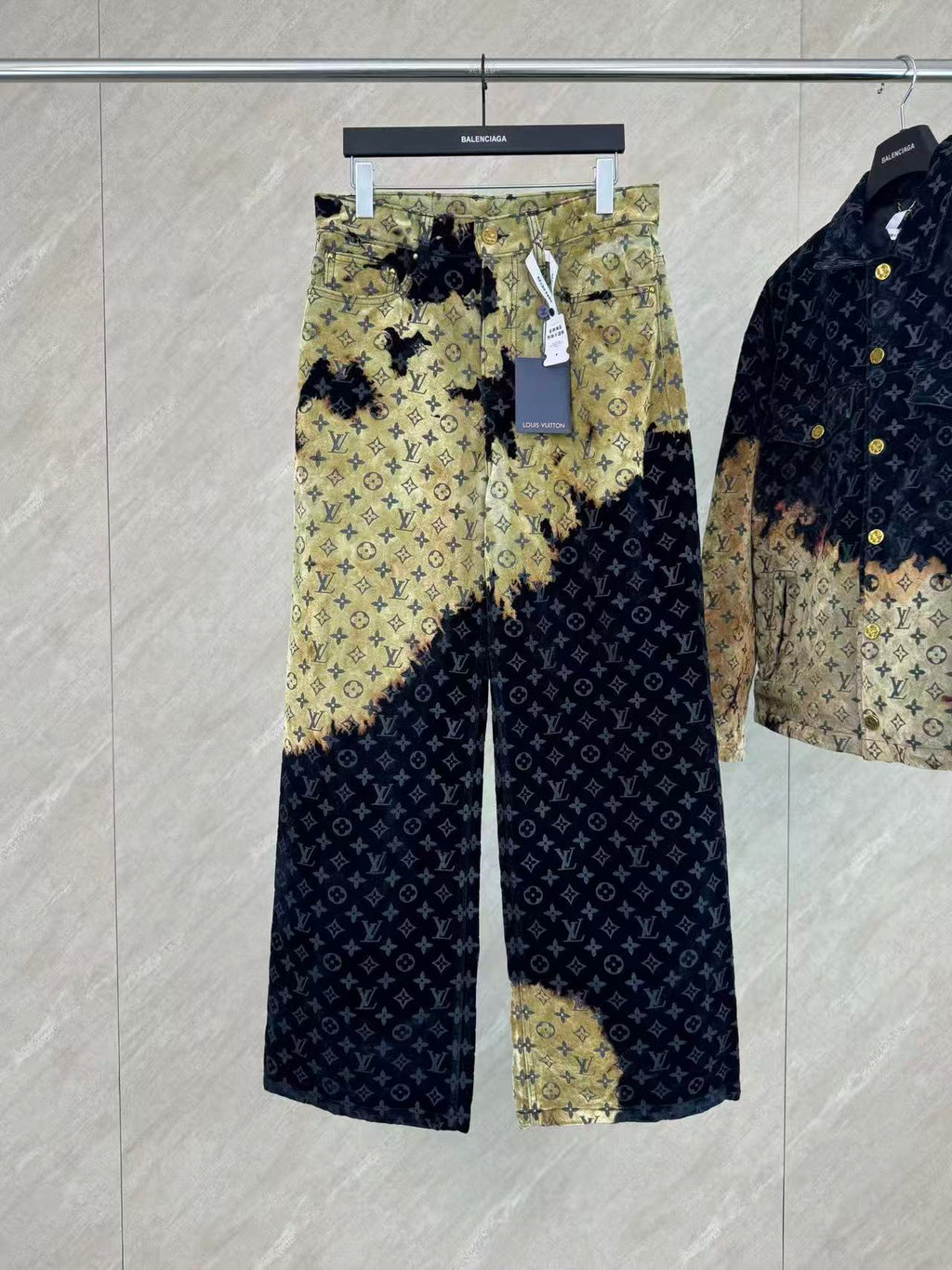 Burnt Fade Pattern Denim Matching Set | Long Sleeve Trucker Jacket + Wide Leg Pants