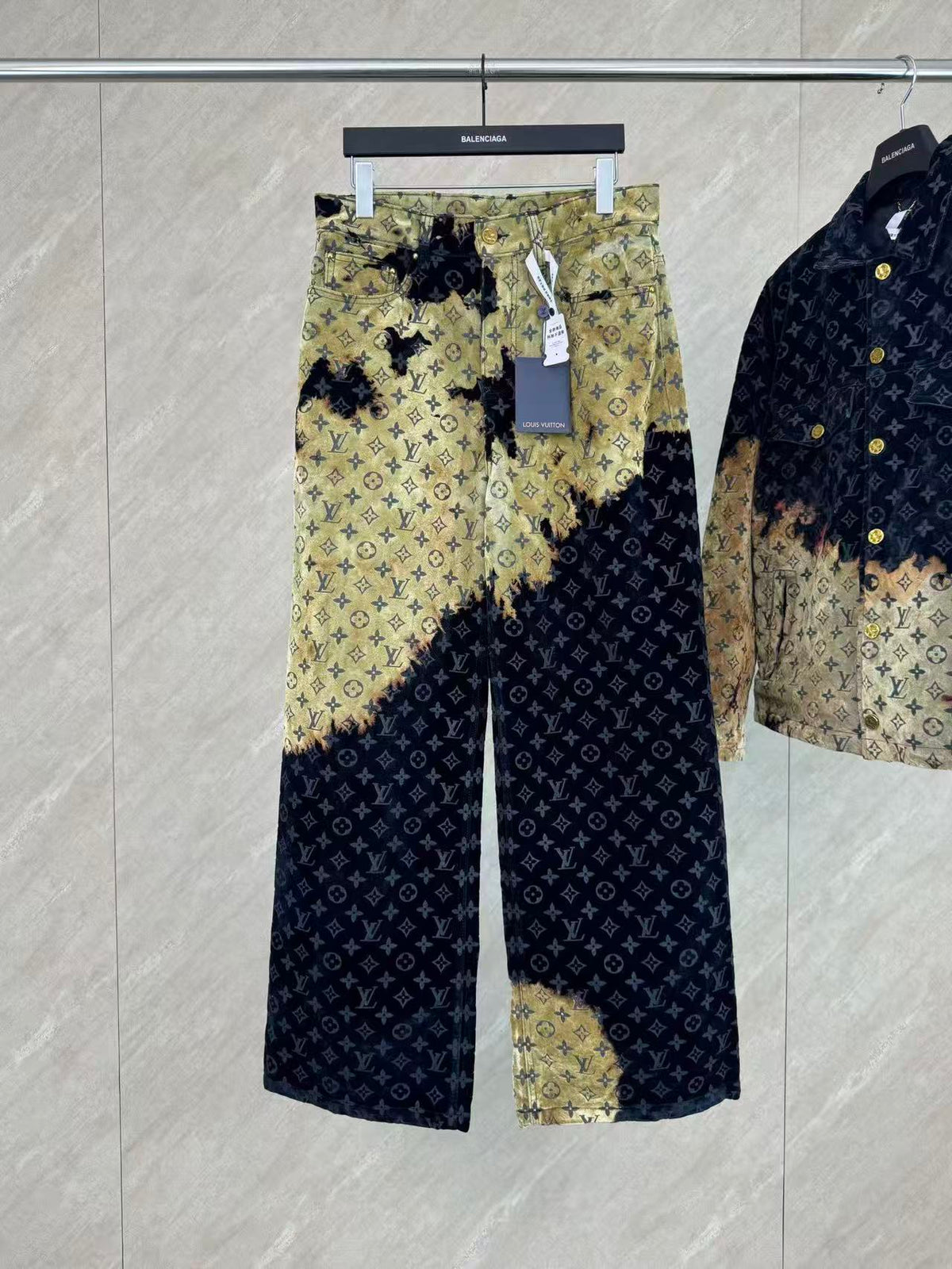 Burnt Fade Pattern Denim Matching Set | Long Sleeve Trucker Jacket + Wide Leg Pants