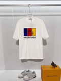 Color blocked striped offset printed letter round neck T-shirt
