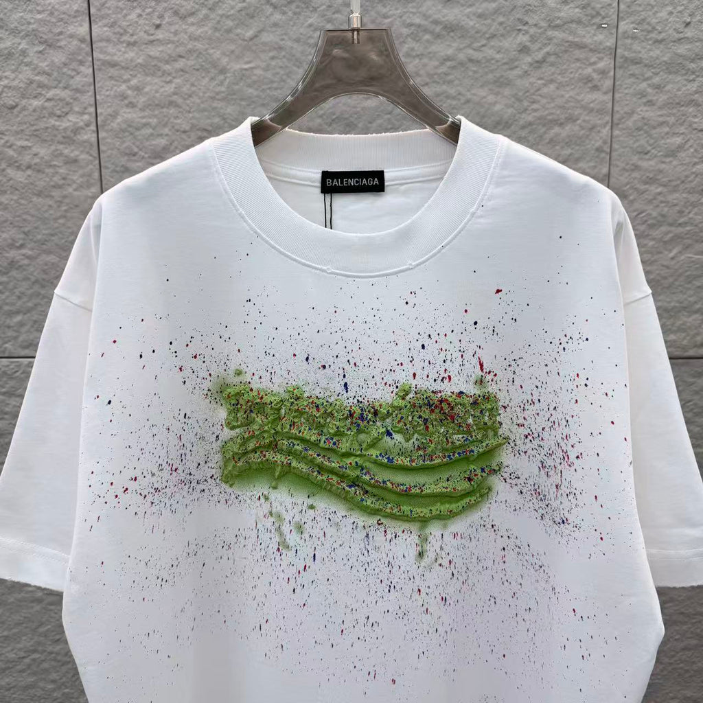 3D foam hand-painted ink splashed round neck short sleeved t-shirt