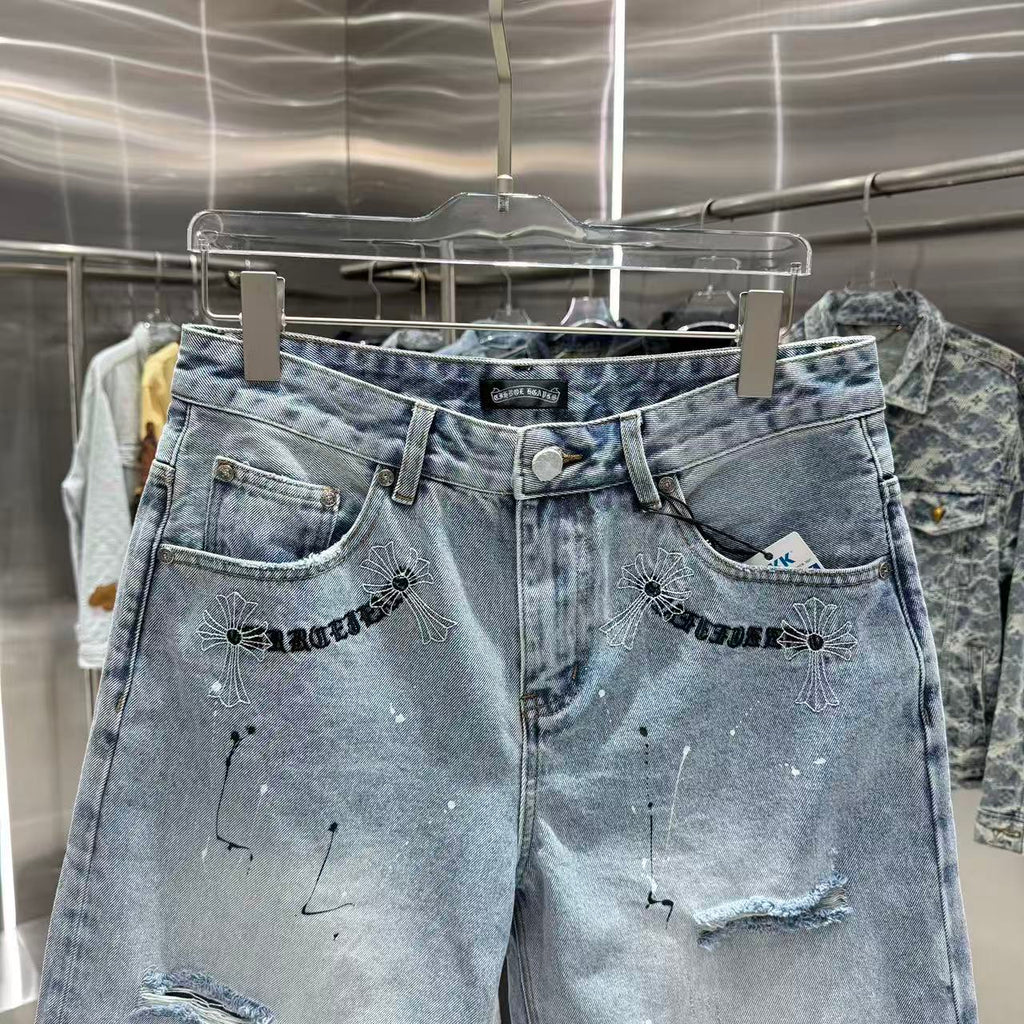 Spring and summer new cross denim shorts made of split leather