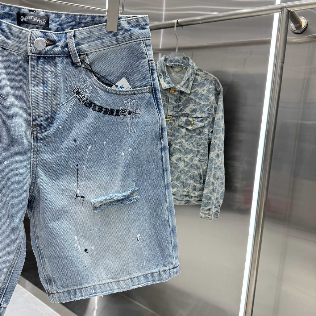 Spring and summer new cross denim shorts made of split leather