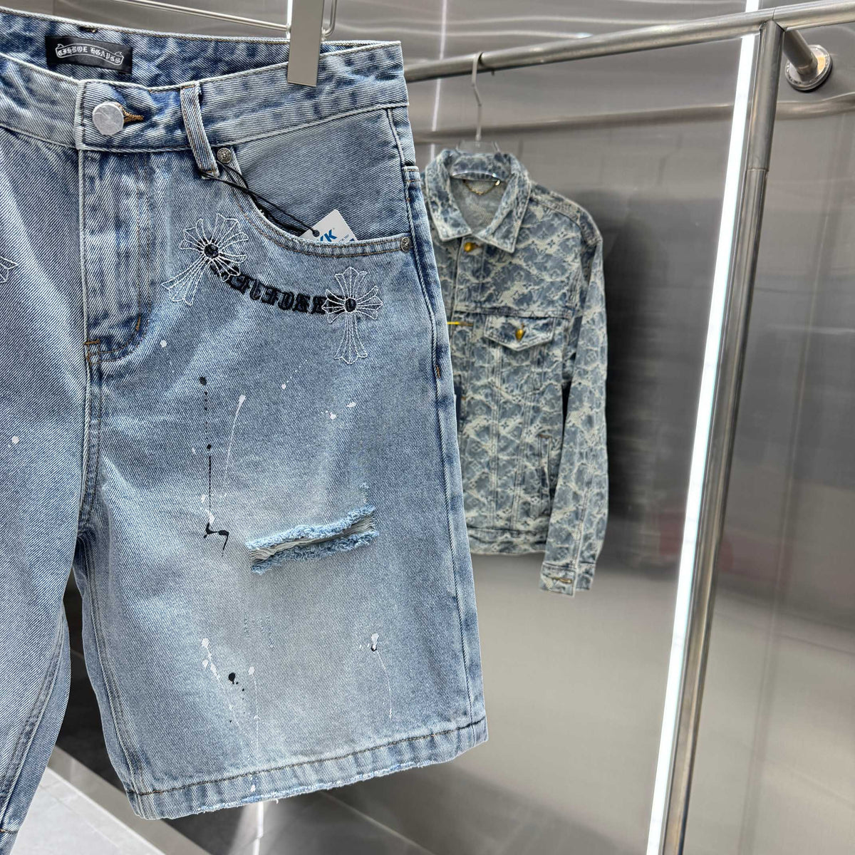Spring and summer new cross denim shorts made of split leather